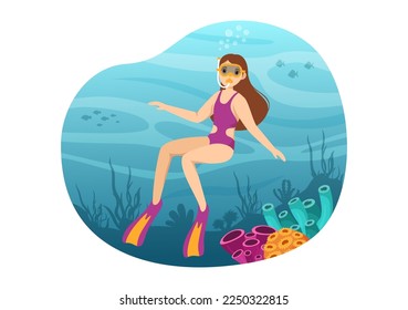 Snorkeling Illustration with Underwater Swimming Exploring Sea, Coral Reef or Fish in the Ocean for Landing Page in Cartoon Hand Drawn Templates