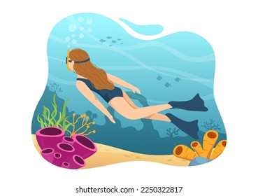 Ilustración de buceo con natación submarina explorando el mar, arrecife de coral o peces en el océano para aterrizar página en caricatura plantillas dibujadas a mano