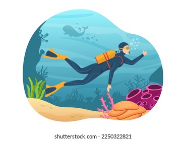 Snorkeling Illustration with Underwater Swimming Exploring Sea, Coral Reef or Fish in the Ocean for Landing Page in Cartoon Hand Drawn Templates