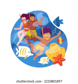 Snorkeling isolated cartoon vector illustration. Kids and parents swimming underwater with a mask, watching fish, tropical water, summer vacation activity, family snorkeling vector cartoon.