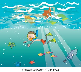 Snorkeling kid. Vector illustration of a kid underwater with mask, snorkel and fins in a surrounded by cute ocean creatures.