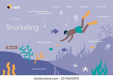 Snorkeling, landing page template. Diving underwater. Tourist diver, tanned man with oxygen masks, goggles and tube, swimming under water, exploring marine coral reef, seabed. flat vector illustration