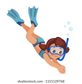 snorkeling. little girl dives into sea with flippers and mask. child swims under water.  Cartoon vector illustration isolated on white background