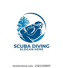 Snorkeling logo design. Diver with Coral reefs logo vector icon. Scuba Diving Logo Design Vector Template