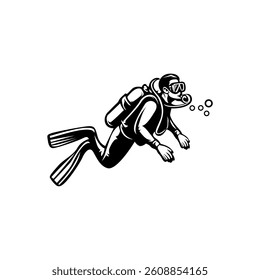 Snorkeling logo illustration design. Silhouette of snorkeling person vector. Black and white