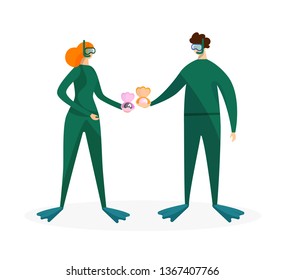 Snorkeling Male and Female Characters Holding Shells with Pearls Isolated on White Background. Scuba Diving, Spear Fishing Equipment. Mask, Tube, Flippers, Swim Suit. Cartoon Flat Vector Illustration.