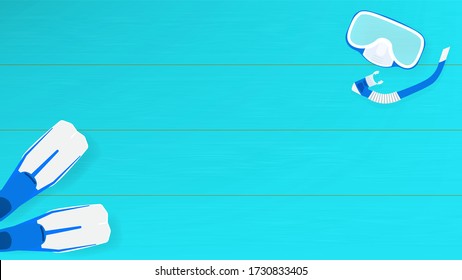 Snorkeling mask, Breathing tube and fins on blue wooden plank background, Summer concept illustration vector