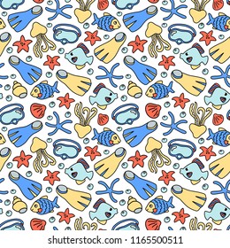 Snorkeling mask and fins with coral fishes. Vector seamless pattern on white background. Marine vacation activity seamless pattern tile. Tropical island holiday cruise. Cartoon style freehand doodles