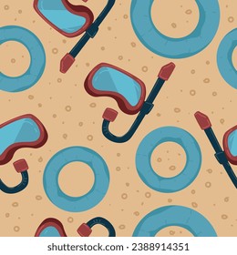 Snorkeling mask with tube and goggles, lifebuoy for swimming. Scuba diving equipment for summer holidays and vacation rest. Seamless pattern print, background or wallpaper. Vector in flat style