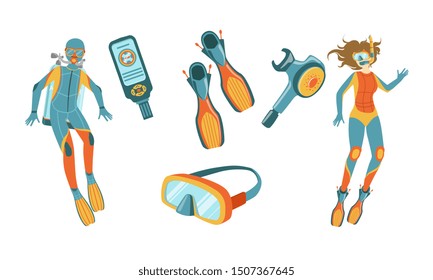 Snorkeling and Scuba Diving Elements Set, Scuba Diver Man and Woman Characters Dressed in Wetsuits with Equipment Vector Illustration