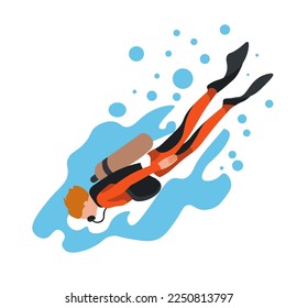 Snorkeling and scuba diving, personage wearing swimming suit and fins, tanks with oxygen to breathe underwater. Leisure summer activity and active lifestyle by the seaside. Vector in flat style