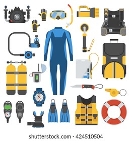 Snorkeling and scuba diving set of elements. Scuba-diving gear isolated. Diver wetsuit, scuba mask, snorkel, fins, regulator dive icons. Underwater activity diving equipment and accessories. 