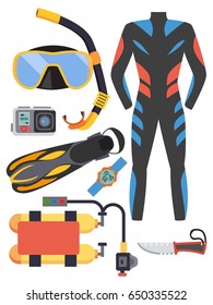 Snorkeling and scuba diving set of elements. Scuba-diving gear isolated. Diver wetsuit, scuba mask, snorkel, fins, regulator dive icons. Underwater activity diving equipment and accessories