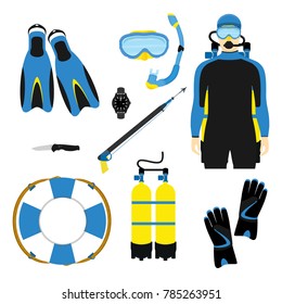 Snorkeling and scuba diving set of elements. Scuba-diving gear isolated. Diver wetsuit, scuba mask, snorkel, fins, regulator dive icons. Underwater activity diving equipment and accessories. 