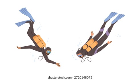 Snorkeling y buceo. Personajes de dibujos animados de Vector con trajes de baño y aletas, tanques con oxígeno para respirar bajo el agua. Ocio, actividad de verano y estilo de vida activo junto al mar