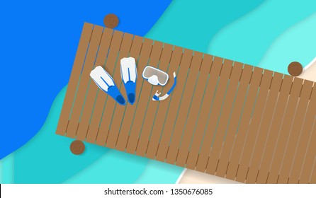 Snorkeling set on wooden bridge background stretched in to the sea vector illustration