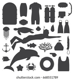 Snorkeling set of outline elements. Snorkeler man silhouette with snorkel mask, sea life objects and scuba accessories. Skin diving icons. Summer underwater activity appliances.