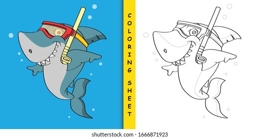 Snorkeling Shark Cartoon, Coloring Sheet