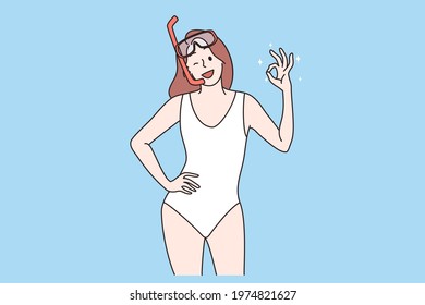 Snorkeling and Summer beach water activities concept. Smiling young woman or girl standing in water mask showing ok sign enjoying vacations vector illustration 