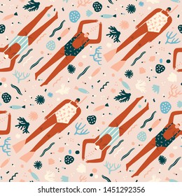 Snorkeling Swimmers women in the ocean cartoon illustration. Various of woman snorkel under the sea seamless pattern in vector. Summer beach print collection.