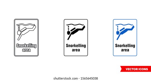 Snorkelling area general notice sign icon of 3 types: color, black and white, outline. Isolated vector sign symbol.