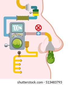 Snot production. Excretory system of  person. Automated line for industry snivel. Booger factory. technology manufacture of green slime in human head
