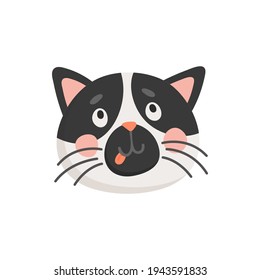 Snout of black and white cat isolated head portrait. Vector puzzled kitten muzzle, cartoon funny feline animal with whiskers, hand drawn home pet. Funny yard cat, playful curious mammal kitten