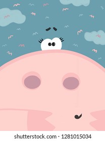 The snout of a pig with blue sky and clouds. A mini-pig during a summer day under the blue sky. Vector pig