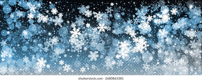Fondo abstracto de nieve con efecto azul invernal y diseño de Vector de copo de nieve. Patrón de hielo en escamas para superposición blanca transparente. Textura nevada que cae realista.