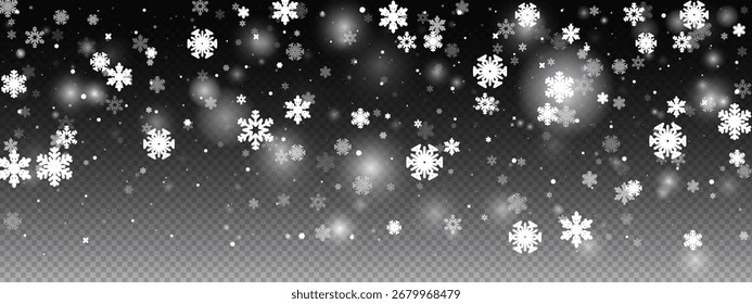 Fondo abstracto de nieve con efecto invernal y Vector de copo de nieve para capa de hielo en escamas. Elementos helados de tormenta de nieve con diseño de brillo realista. 