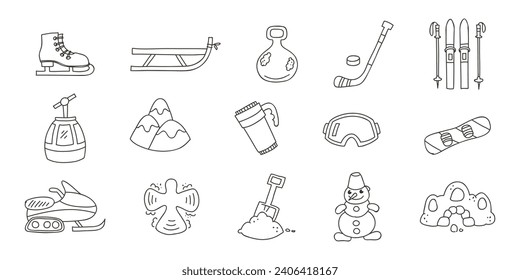 Snow activities icon set. Doodle illustrations of winter sport equipment isolated on a white background. Skate, ski, snowboard, sled etc. Vector 10 EPS.