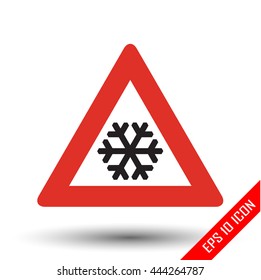 Snow ahead traffic sign. Vector illustration of triangular sign for snow ahead road sign isolated on white background.