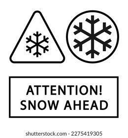 Nieve por delante advertencia atención baja temperatura, Seguridad y advertencia para nieve en la carretera. Conjunto de señales de peligro blanco negro.