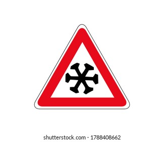 Señal de advertencia de la nieve por delante. Ilustración vectorial de la señal de la carretera triangular para frío.