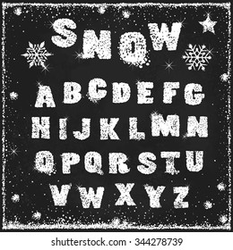 Snow alphabet on blackboard, vector abstraction illustration.