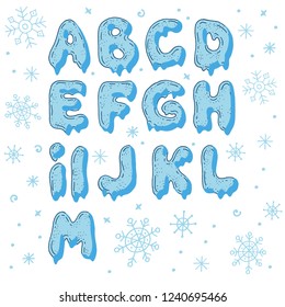 Snow alphabet, winter font. Vector isolated letters on white background with snowflakes. Cartoon English alphabet. Part 1.