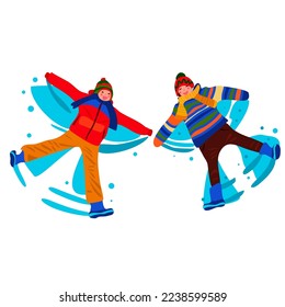 Snow angel. Children playing in snow.  Happy childhood. Winter activity. Vector illustration. 
