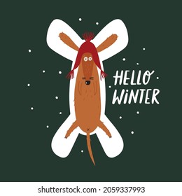 Snow Angel. Fanny Dog. Hello Winter - Lettering Quotes. Flat Cartoon Vector Illustration. Christmas Greeting Card.