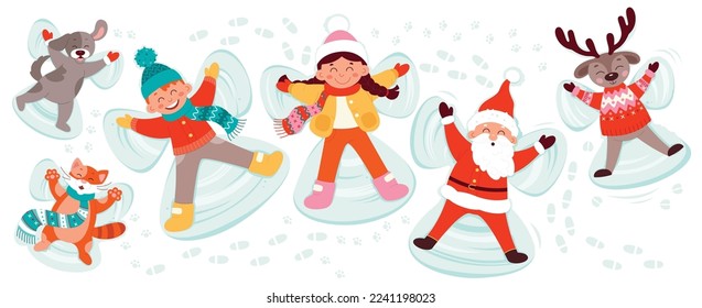 Snow angel flat icons set. Funny kids, domestic animals and santa claus in warm clothes doing wings by hands. Funny winter activity. Playful mood. Christmas celebration. Color vector illustrations