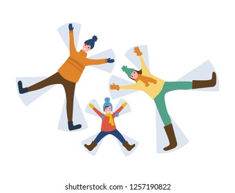 Snow angel game, people on ground family having fun outdoors vector. Mother and father with child playing outdoors in winter, wearing warm clothes