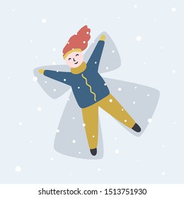 Snow angel girl vector illustration. Cute winter greeting card with female making wings. Merry Christmas concept