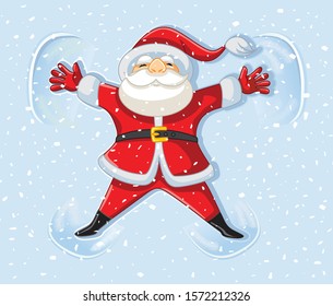 Snow Angel Santa Claus Celebrating Christmas Cartoon. Funny Xmas Santa having fun playing in the snow
