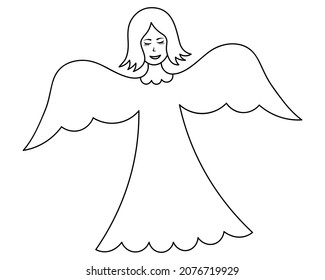 Snow angel. Sketch. Cute angel with wings. Vector illustration. A fairy watching the snow in winter. Coloring book for kids. A girl with long eyelashes. Outline on a white isolated background. 