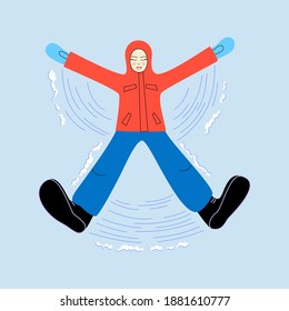 Snow angel  vector flat illustration.  Laughing girl lies in the snow. Winter fun. Happiness. Good for cards, poster, social media, banner.