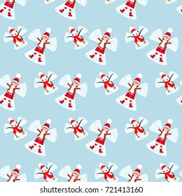 Snow angels pattern on the blue background. Vector illustration