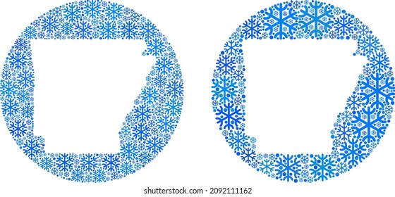 Snow Arkansas State map collage is created with circle and hole. Vector Arkansas State map mosaic of snow particles in various sizes and blue color tones. Created for Christmas templates.