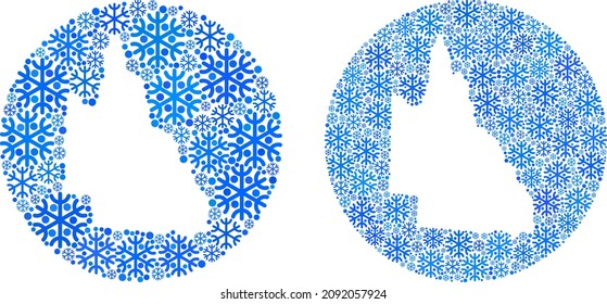 Snow Australian Queensland map mosaic is designed with sphere and subtracted space. Vector Australian Queensland map mosaic of snowflake particles in different sizes and blue color tints.