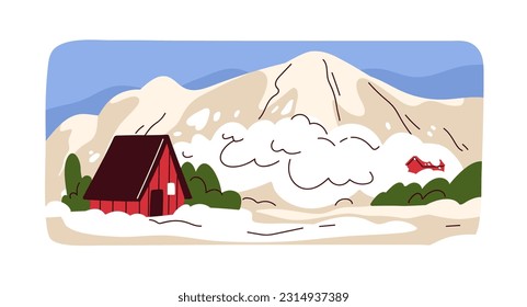 Snow avalanche from mountain in winter. Natural disaster, cold nature landscape. Snowslide cataclysm, dangerous calamity, devastation, destruction at wintertime. Flat vector illustration