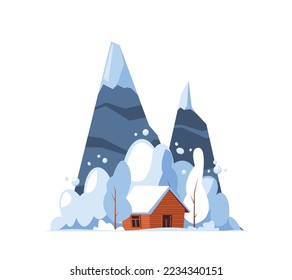 Snow Avalanche Natural Disaster, Cottage House under Snow Falling from Mountains due to Catastrophe in Nature. Damage, Hazardous Accident, Snowy Storm and Destruction. Cartoon Vector Illustration