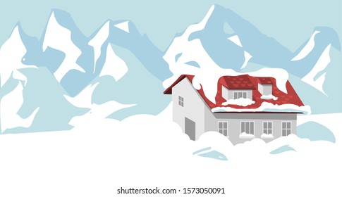 Snow Avalanche- nature disaster.HOUSE IN THE MOUNTAINS WOODED by a snow hazard. global warming effect.vector illustration